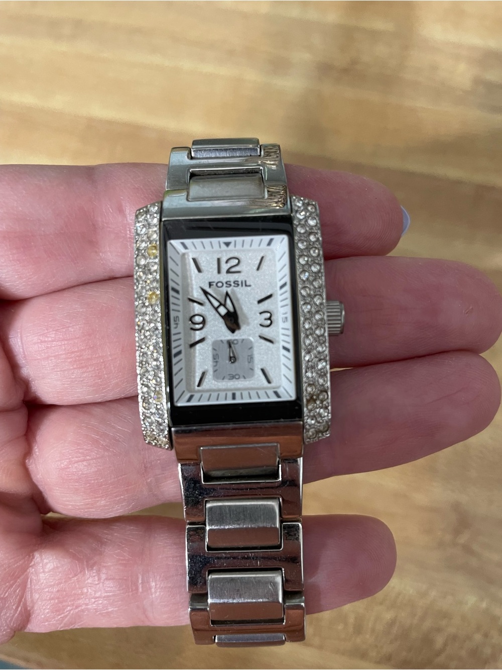 Fossil Silver-tone Rectangular Crystal Bezel Watch